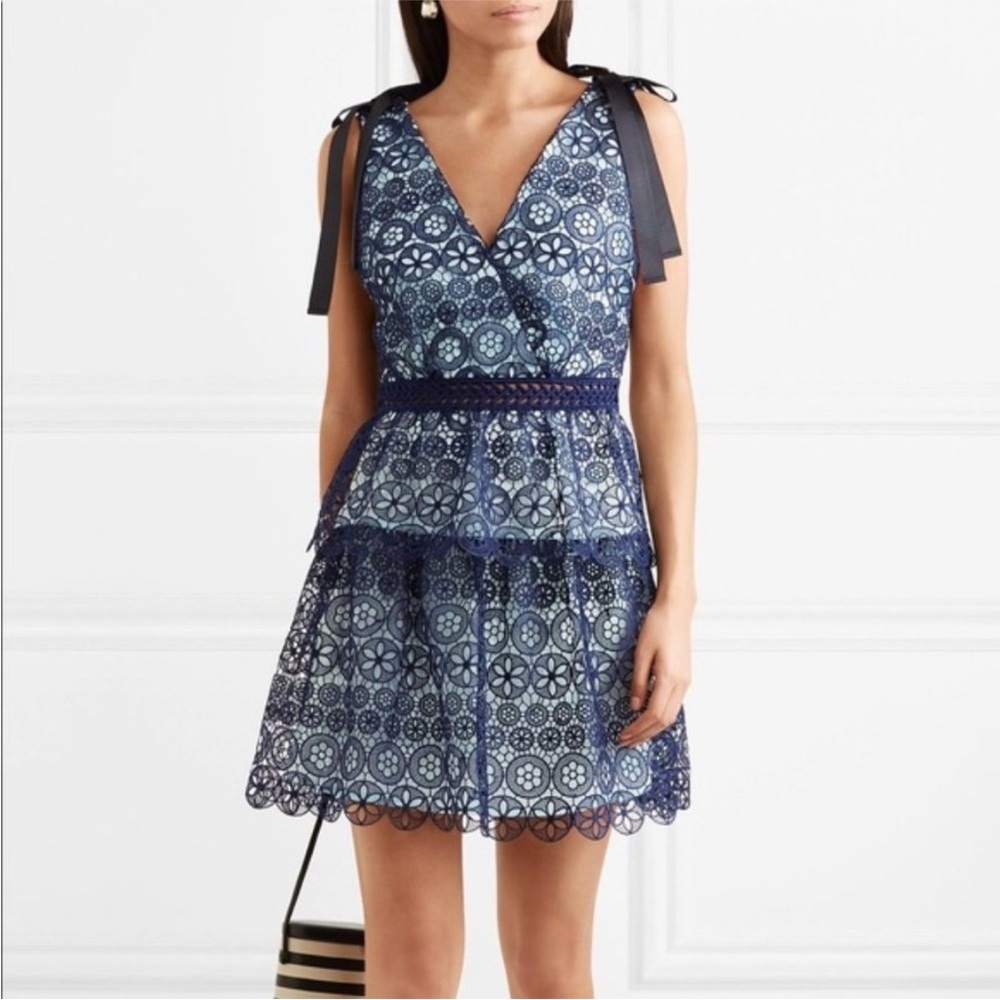 Self-Portrait Bow-Detailed Tiered Guipure Lace Dress in Blue Size‎ 4 Cocktail